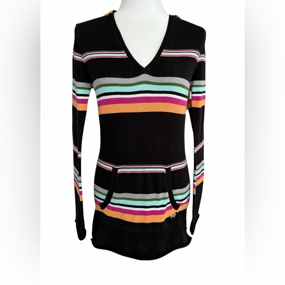 Roxy Hoodie Sweater M Black Multicolor Striped Long Sleeve Kangaroo Pocket Y2K - Picture 1 of 8